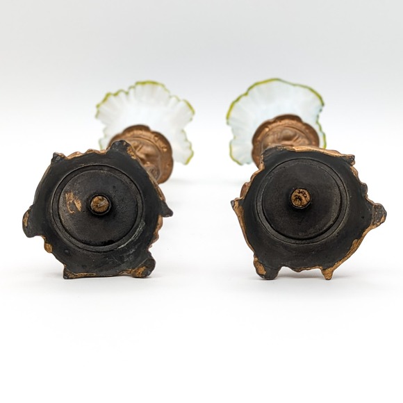 Antique Cherub Candle Holders Gilt Bronze w Hand Blown Ruffled Glass Green Rim - Picture 11 of 13